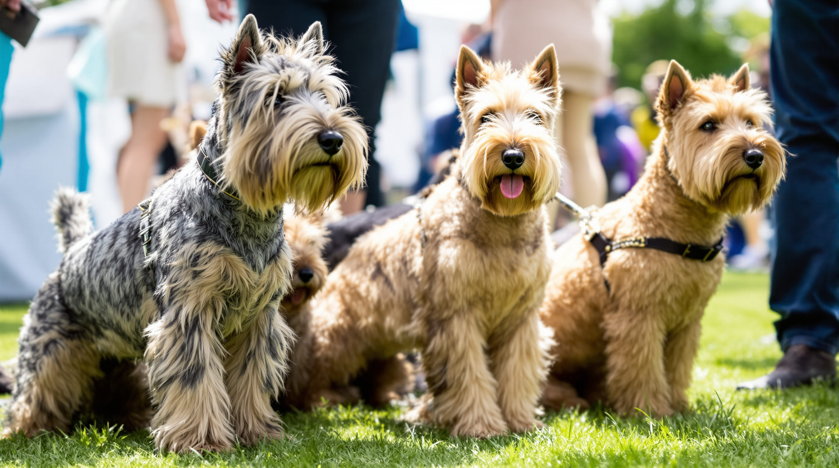 A group of Glen of Imaal Terriers gathered at an outdoor breed event