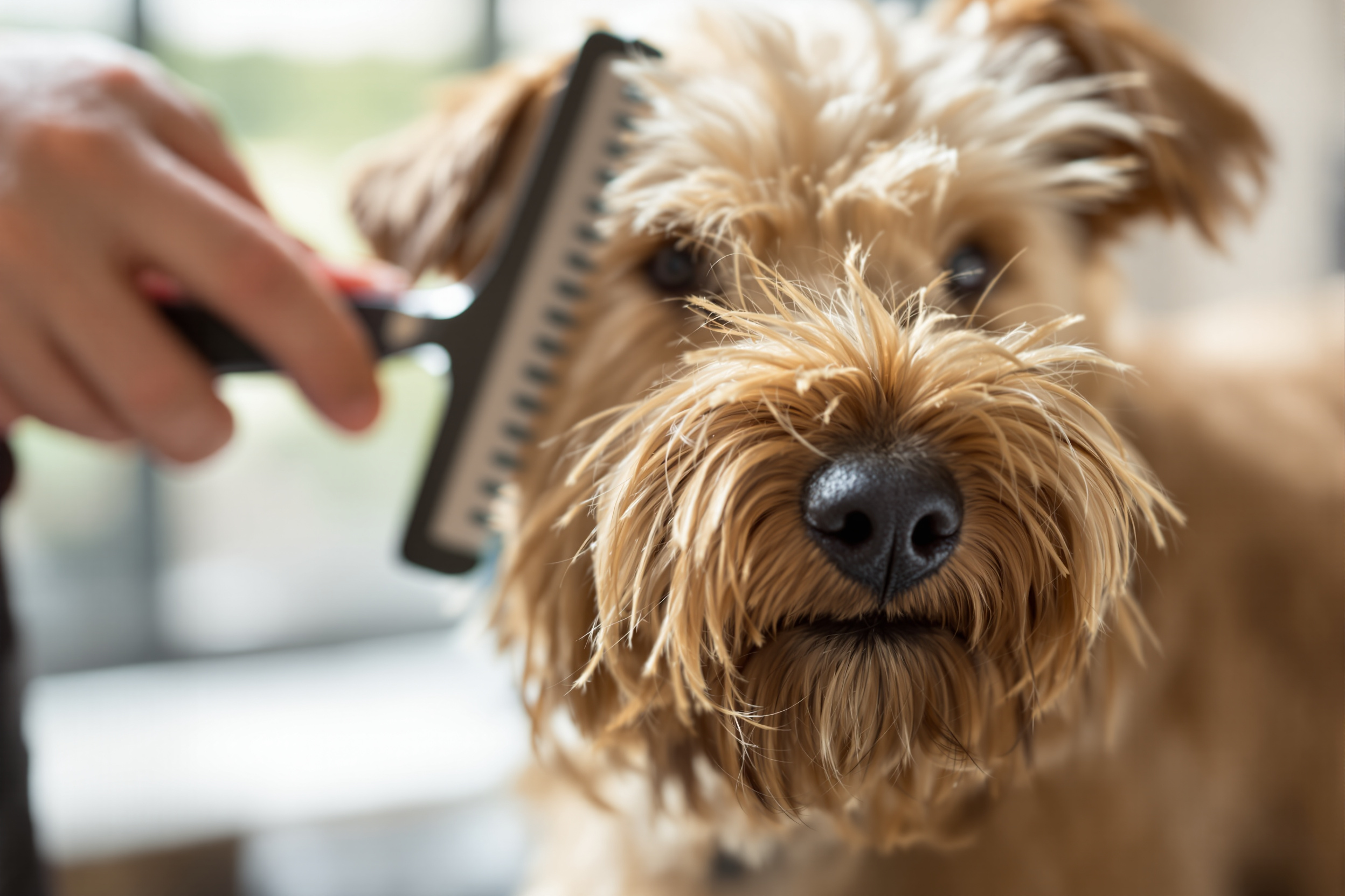 Close-up of a Glen of Imaal Terrier's harsh coat being hand-groomed