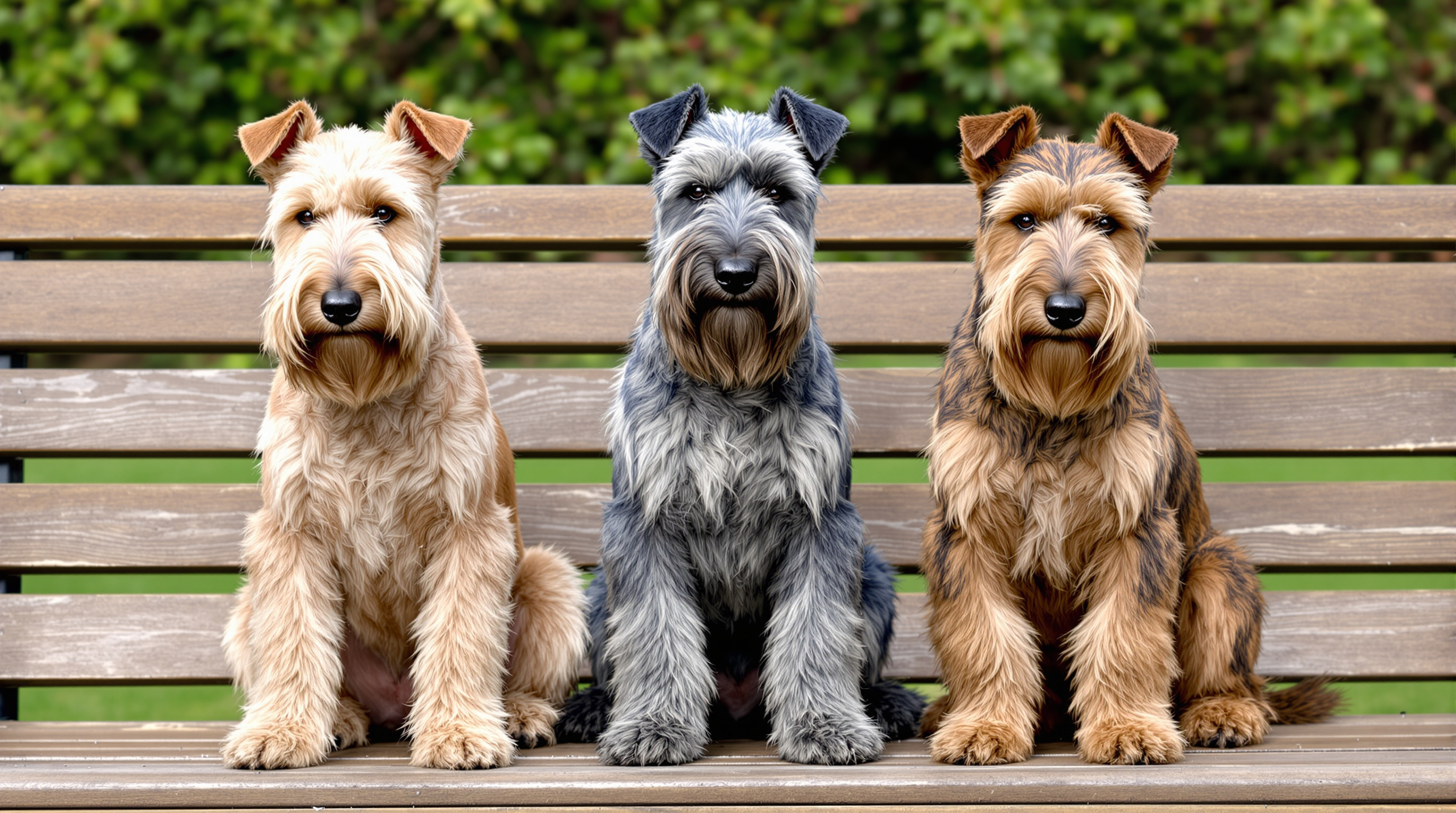 Three Glen of Imaal Terriers showing wheaten, blue and brindle coat colours