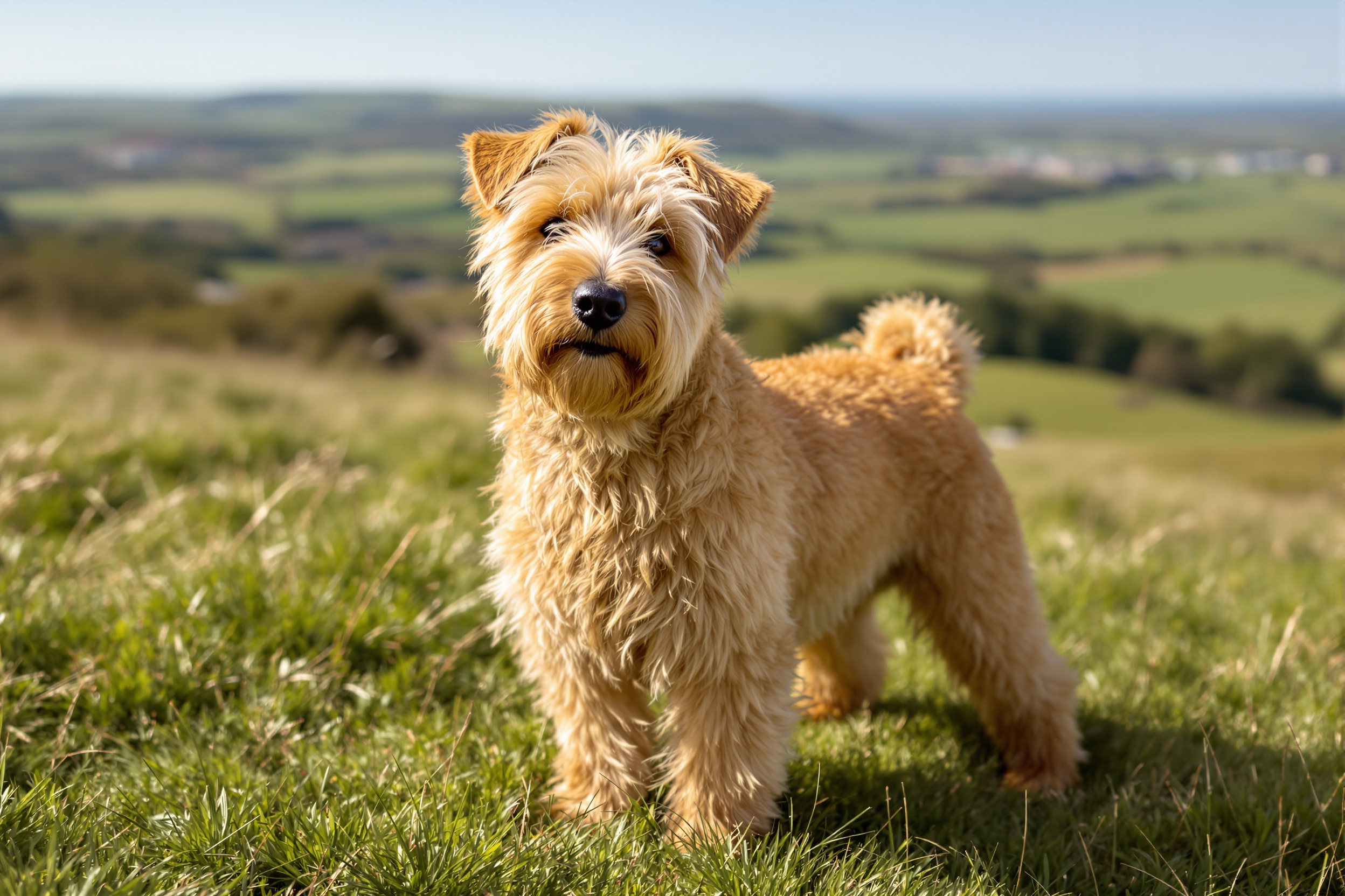 A wheaten Glen of Imaal Terrier standing on a windy grassy hillside