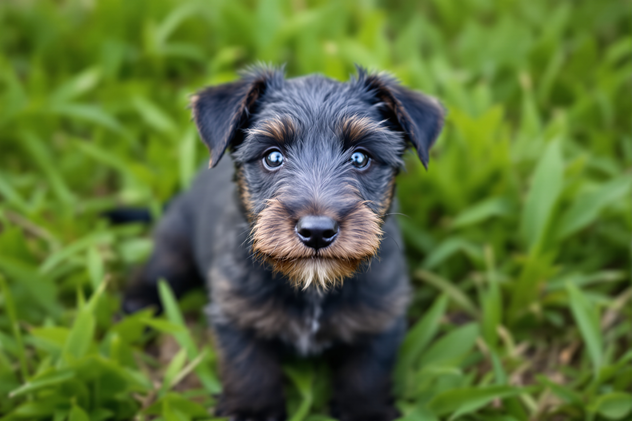 A blue-coated Glen of Imaal Terrier puppy sitting in the grass