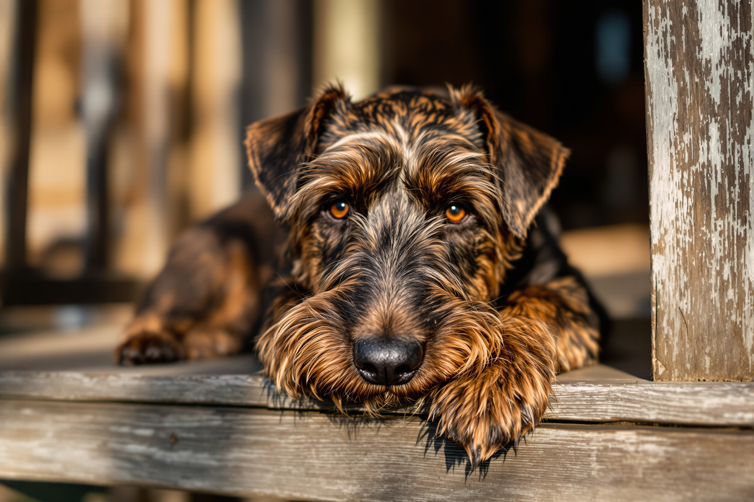 A brindle Glen of Imaal Terrier resting on a wooden porch