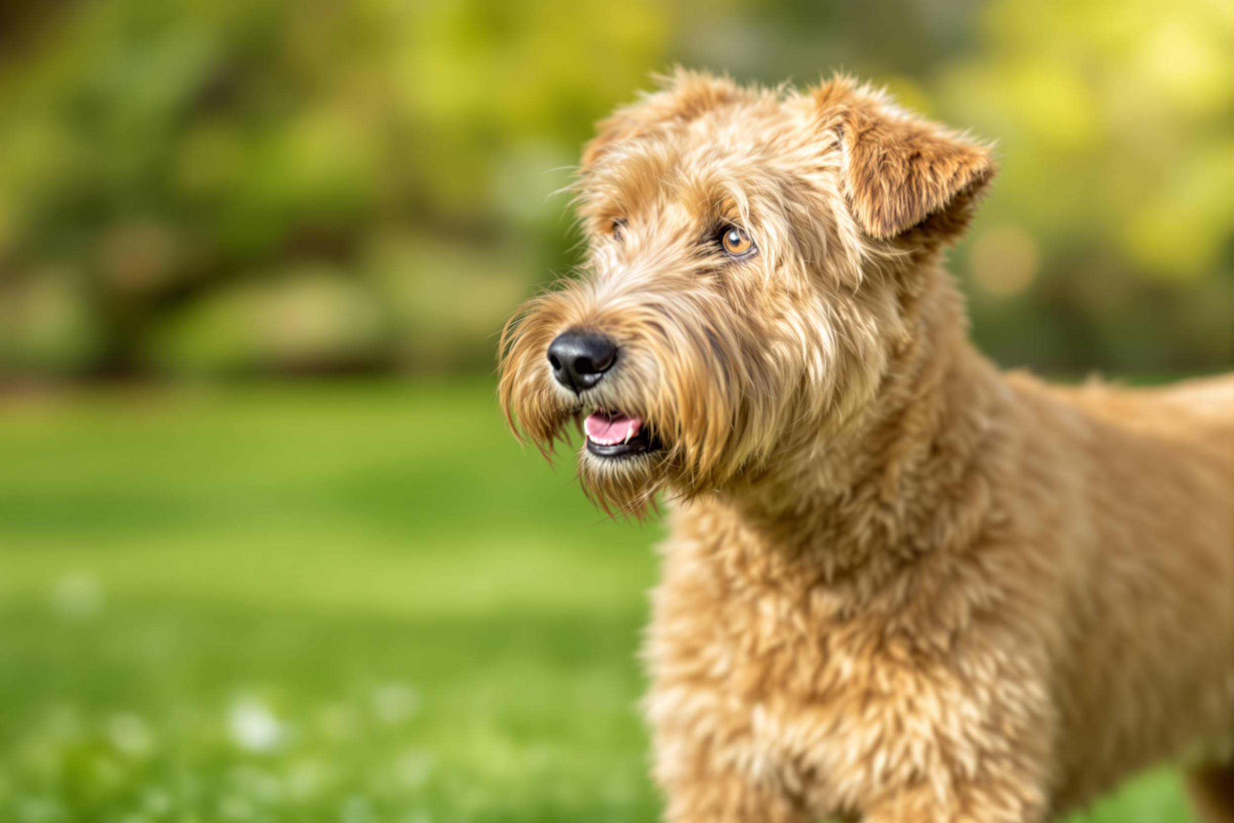 A healthy, fit wheaten Glen of Imaal Terrier standing outdoors