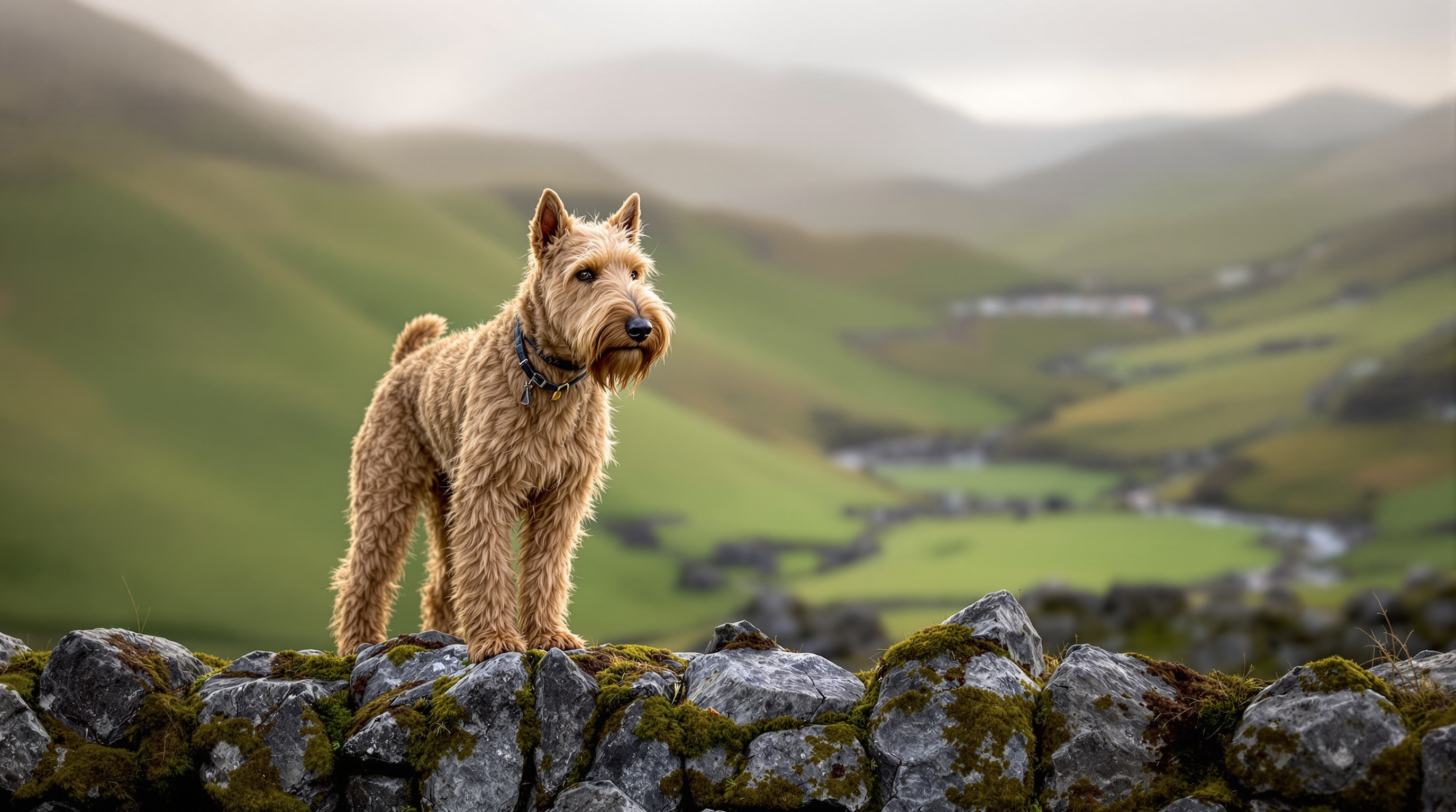A wheaten Glen of Imaal Terrier standing on a stone wall in an Irish mountain valley