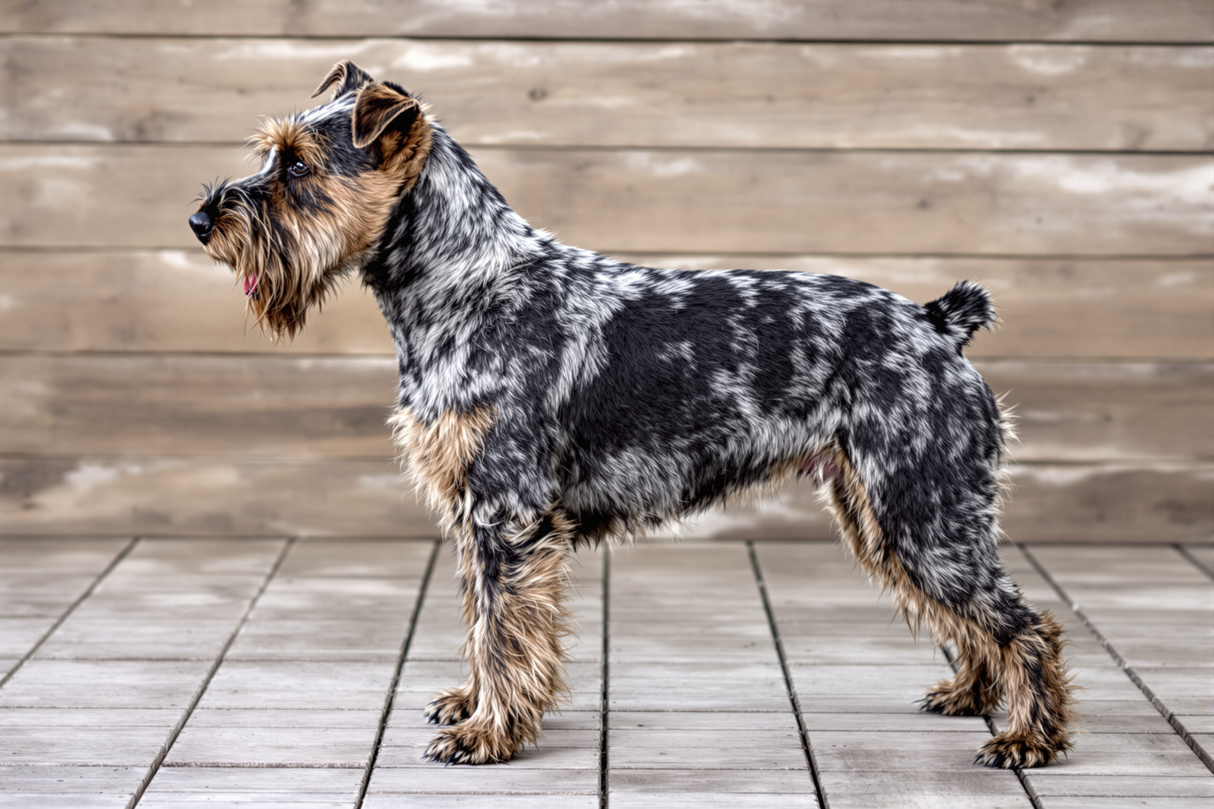 Side profile of a blue-brindle Glen of Imaal Terrier showing its long low body