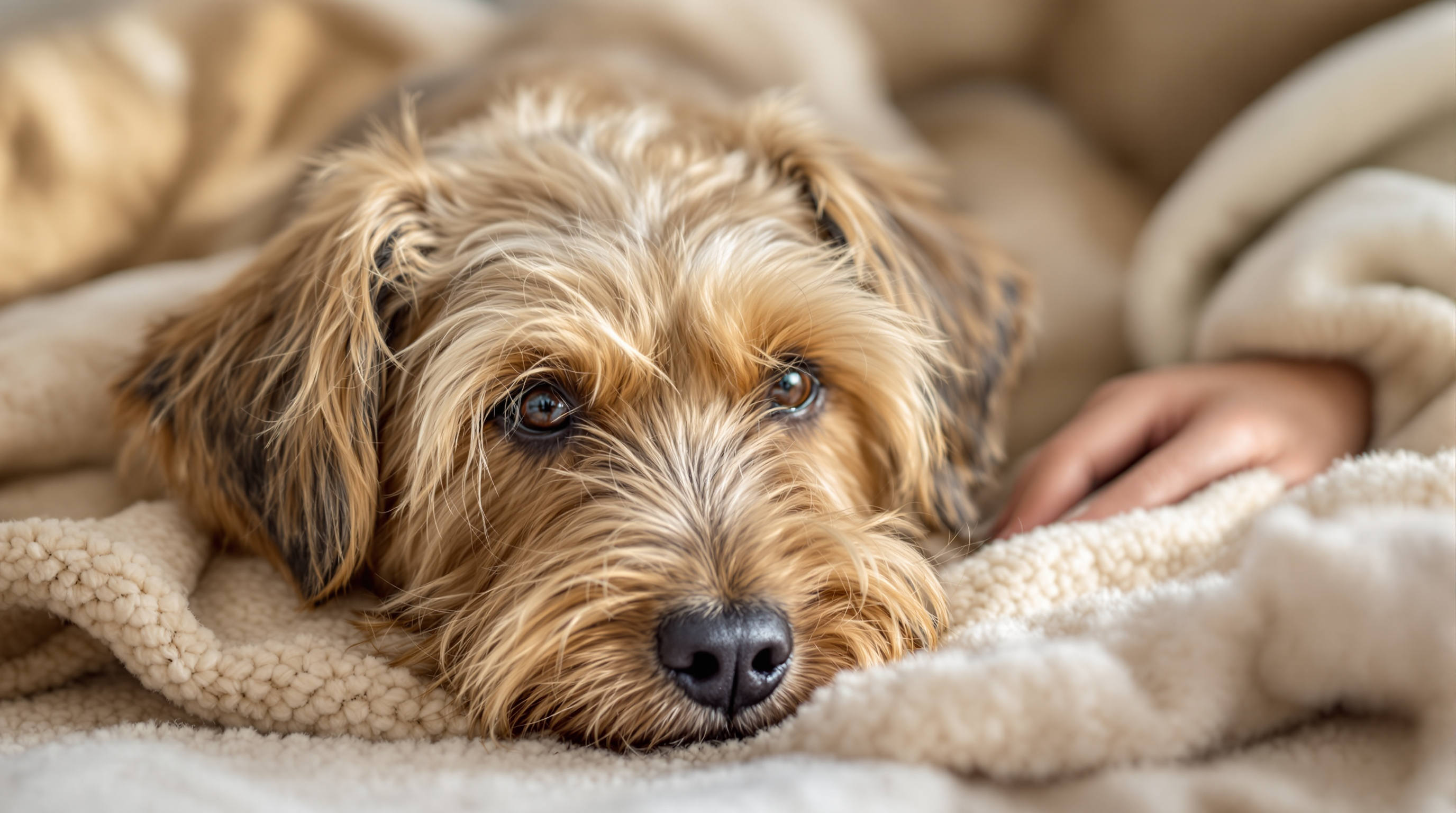 An older wheaten Glen of Imaal Terrier resting on a blanket in a caring home