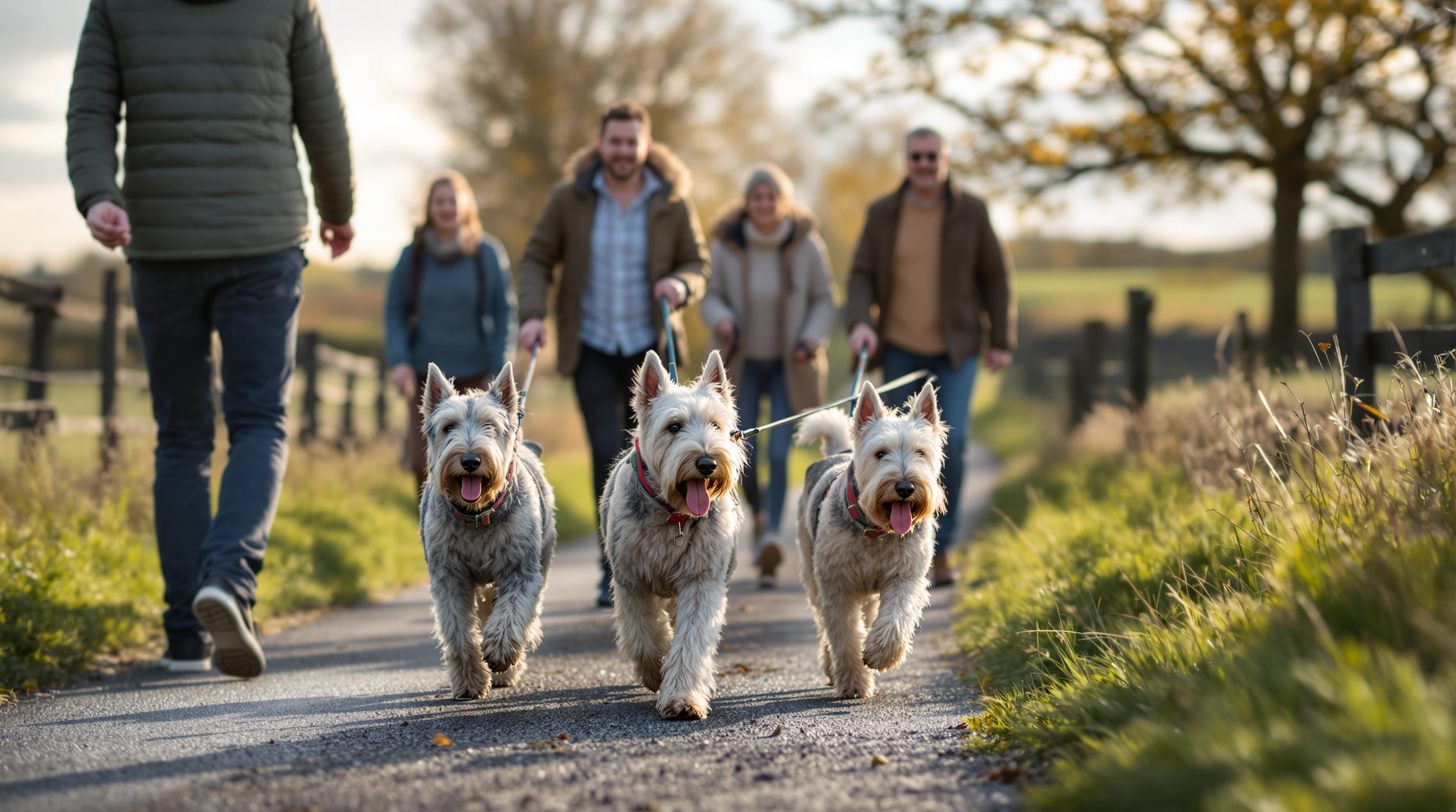 People walking their Glen of Imaal Terriers together along a country path