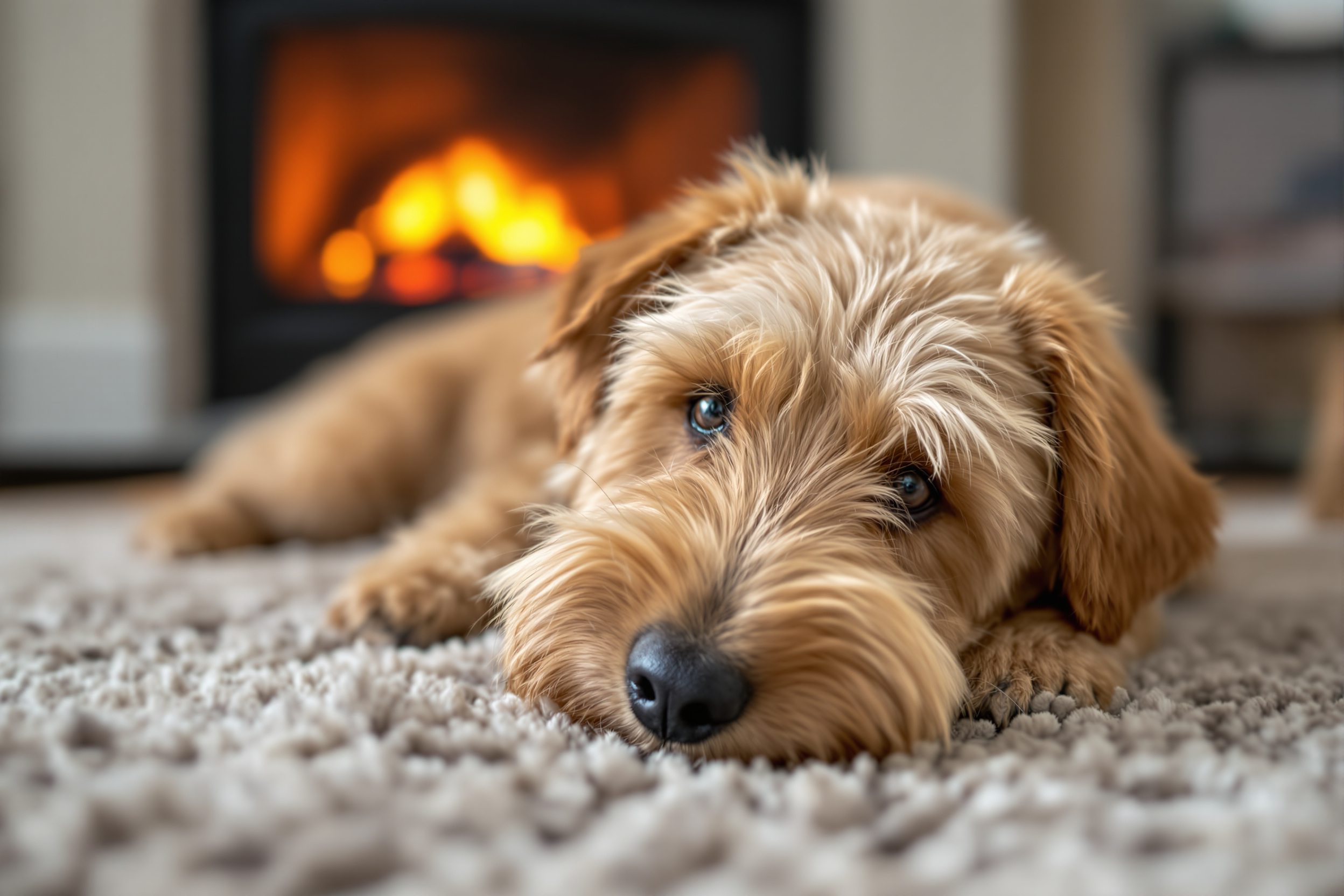 A relaxed wheaten Glen of Imaal Terrier resting calmly indoors by a fireplace